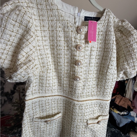 Simply Southern Scalloped Cream Tweed Dress with Puffy Sleeves NWT Size Medium - Picture 3 of 17